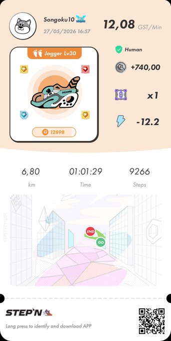 The image shows an app called "StepN" that has a pink background with white text, which appears to be a fitness tracking app. The app displays information about the user's progress, including their current step count, distance traveled, and calories burned during exercise. It also provides instructions on how to use the app and encourages users to engage in physical activity for better health.