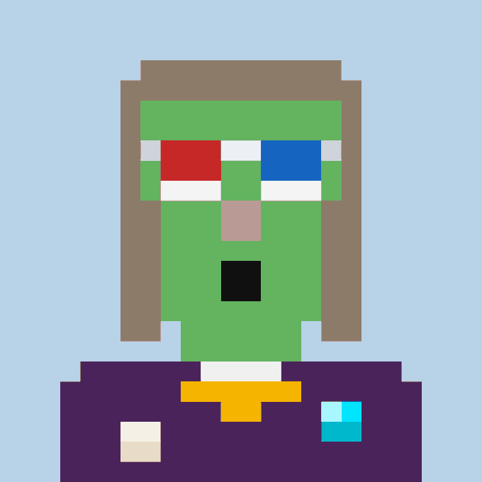 A pixel art character with a green face, mismatched red and blue eyes, and a purple outfit with colorful buttons, reminiscent of a Minecraft-style zombie.
