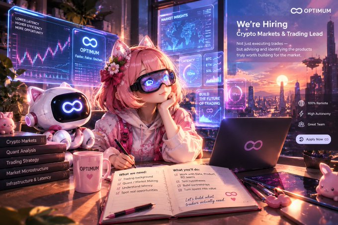 An anime-style recruitment advertisement for Optimun seeking a 'Crypto Markets & Trading Lead,' featuring a pink-haired character with a robot companion surrounded by trading screens and cityscapes.