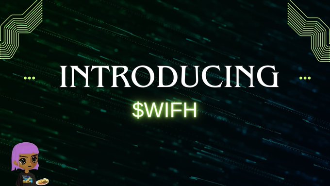 A dark digital graphic with glowing green circuit-like patterns displaying the text 'INTRODUCING $WIFH' with a small cartoon character in the corner.