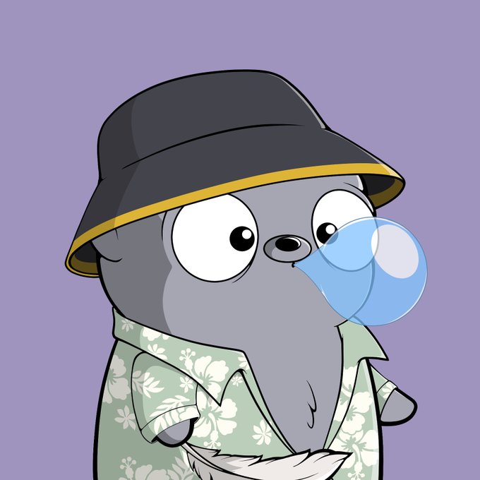 A cartoon illustration of a gray character wearing a black bucket hat with a yellow band and a green floral Hawaiian shirt, blowing a blue bubble.