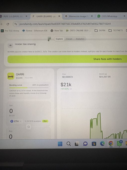 The image shows a screenshot of the $GARRI memecoin trading page on pons.family, displaying a market cap of $21,037.05 (up 57.02% in 1 hour) and a price graph, which aligns with the post celebrating $GARRI's new all-time high as the creator cheers on holders toward a $50k milestone.