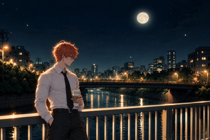 An anime-style illustration shows a young man with orange hair and glasses holding a coffee cup, leaning against a railing overlooking a moonlit river and cityscape.