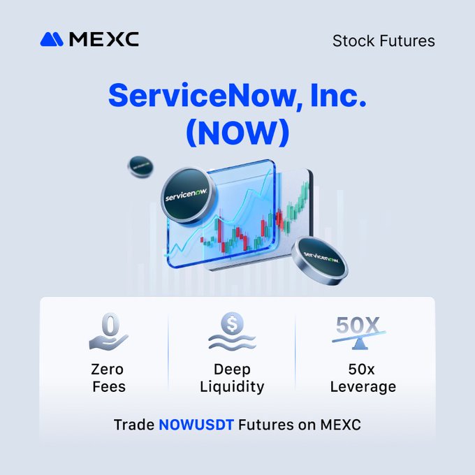 MEXC promotion for ServiceNow, Inc. (NOW) Stock Futures featuring Zero Fees, Deep Liquidity, and 50x Leverage, highlighting that traders can access U.S. equities like NOW using the same familiar USDT-based long/short workflow as crypto markets.