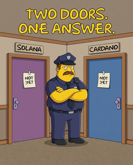 A cartoon illustration shows a police officer standing between two doors labeled 'SOLANA' and 'CARDANO', both with 'NOT YET' signs, under the caption 'TWO DOORS. ONE ANSWER.'