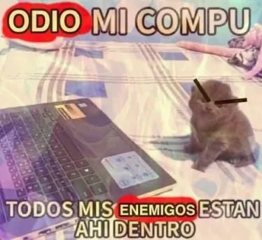 A meme featuring a grumpy-looking hamster sitting next to a laptop on a bed, with Spanish text reading "ODIO MI COMPU" (I hate my computer) at the top and "TODOS MIS ENEMIGOS ESTAN AHI DENTRO" (All my enemies are in there) at the bottom.
