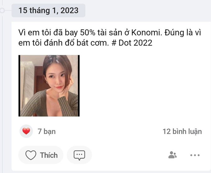 A Facebook post dated '15 tháng 1, 2023' features a selfie of a young woman and text in Vietnamese that includes the phrase 'Dot 2022'.