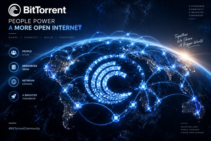 A BitTorrent promotional graphic with the tagline 'PEOPLE POWER A MORE OPEN INTERNET' showing a stylized Earth with network connections and the BitTorrent logo, emphasizing community, resources, and decentralization.