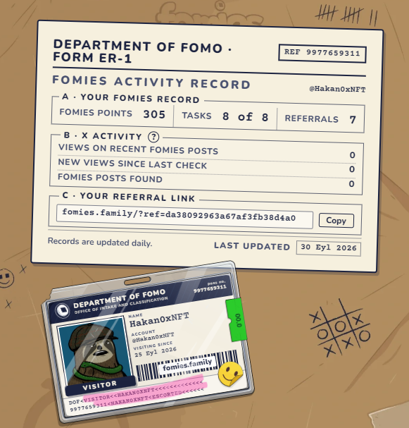 A 'Department of Fomo' activity record document (REF: 9977659311) for Hakan0xNFT showing 305 Fomies Points with 7 referrals, displayed alongside a Department of Fomo ID card.