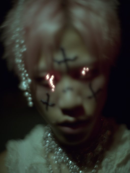 A dark, blurry close-up portrait of a person with pink hair, cross markings on their face, red glowing eyes, and pearl accessories.