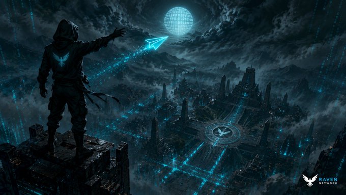 A hooded figure stands atop a tower, releasing a glowing paper airplane toward a digital sphere above a futuristic cybernetic cityscape, with the "Raven Network" logo in the corner—evoking the post's "GN fam" as a symbolic dispatch to the community at nightfall.