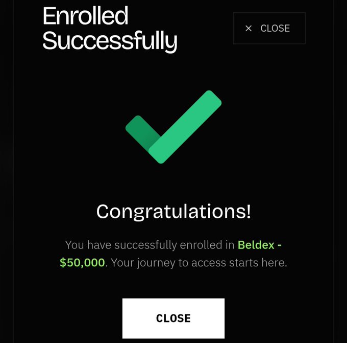 A confirmation screen on a black background with a large green checkmark and text reading 'Enrolled Successfully', 'Congratulations!', and 'You have successfully enrolled in Beldex - $50,000.'