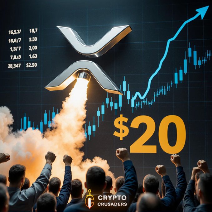 The image features a large group of people gathered in front of a graphic design that depicts an XRP coin with its price listed at $20. The graphics are displayed on a black background, making them stand out prominently against the white text. Above the central graphic, there is a shooting star illustration. The post appears to be promoting a cryptocurrency and is accompanied by a caption below the graphic stating that the XRP will hit a $20 price if users agree with the advertisement. This suggests that the followers of this page might have a similar perspective on the coin's worth or potential use for making transactions, as they seem to support its value or purpose.