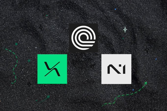 The image displays three logos arranged on a dark textured background: a white "@"-style emblem at the top, a green square with a black "X" symbol on the left, and a white square with a black "N1" logo on the right. These correspond to the three trading platforms mentioned in the post—OndoPerps, RiseXTrade, and N1—being compared for the user's trading review.