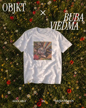 Product photo for an OBJKT x BUBA VIEDMA collaboration t-shirt featuring classical artwork, laid out on grass with flowers, marked 'AVAILABLE ON objktMerch'.