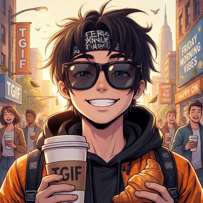 An anime-style illustration of a smiling young man with sunglasses, a bandana, and an orange jacket holding a coffee cup labeled 'TGIF' and a croissant on a busy street.
