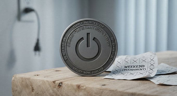 A novelty metal coin featuring a power button symbol rests on a wooden surface, inscribed with humorous text including 'SUPPLY: INFINITE SLEEP', 'SUBROUTE: THE ULTIMATE DIGITAL SUB OF THAT', and 'UTILITY: NONE. FOREVER.', alongside a torn paper labeled 'WEEKEND (PERMANENT)'.