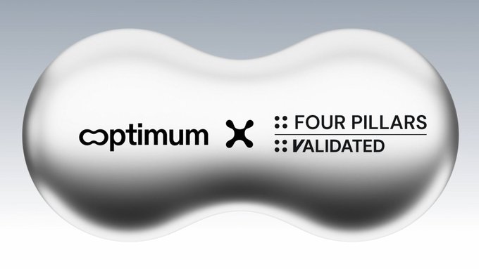 A silver peanut-shaped object displays the logos 'optimum' and 'FOUR PILLARS VALIDATED' along with an 'X' symbol on its surface.