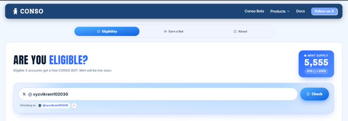 A screenshot of the CONSO website featuring an 'ARE YOU ELIGIBLE?' page where a user can check their account to claim a free CONSO BOT, with 5,555 in mint supply.