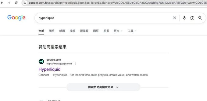 A Google search results page for "hyperliquid" displays a sponsored ad linking to the Hyperliquid platform with the tagline 'Connect – Hyperliquid – For the first time, build projects, create value, and watch assets'.