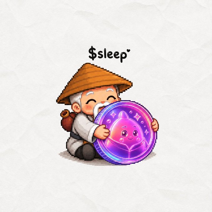 A pixel art illustration of an elderly man with a conical hat holding a large purple $SLEEP coin featuring a sleeping pink character.