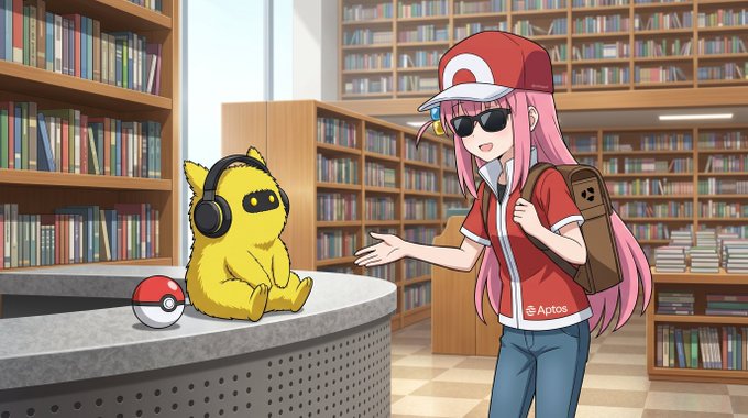 The image features a girl with pink hair wearing sunglasses standing next to a yellow Pokemon character sitting on top of a counter. The girl has a backpack on her back, and there are numerous books surrounding them. The background shows a library setting with shelves filled with books.