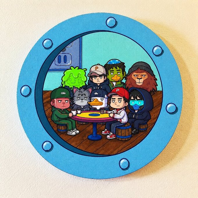 A cartoon illustration shows a diverse squad of animal-like characters gathered around a table inside a round, blue submarine-style porthole. The image appears to promote the upcoming “Squad” NFT mint, but no clear mint text or numerical details are visible in the artwork itself.