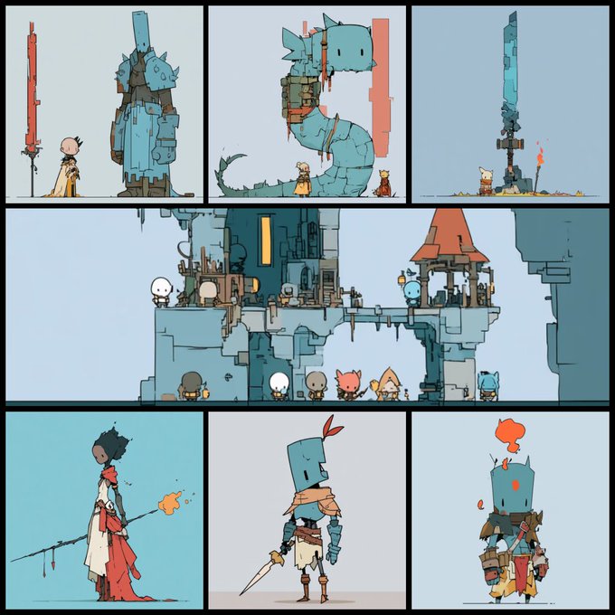 A collage of digital concept art displays various character designs and environments in a distinctive, stylized blue and orange color palette, featuring knight-like figures and small creatures.