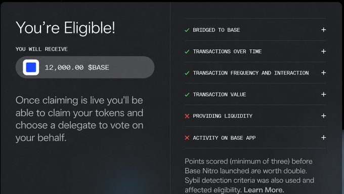 The image displays an "You're Eligible!" confirmation showing an allocation of 12,000.00 $BASE tokens, with checkmarks for criteria like "Bridged to Base," "Transactions Over Time," "Transaction Frequency and Interaction," and "Transaction Value," but X marks for "Providing Liquidity" and "Activity on Base App." It reinforces the post's message about building onchain history on Base through activities like deploying contracts, minting NFTs, swapping tokens, and bridging assets, as these were the very actions that earned eligibility for the airdrop.