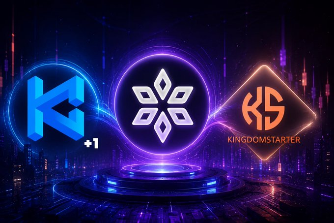 The image showcases the logos of three launchpads: K, a white snowflake logo within a purple circle, and KingdomStarter. This visual represents the "3 Launchpads" mentioned in the accompanying post for the $FONQ IDO.
