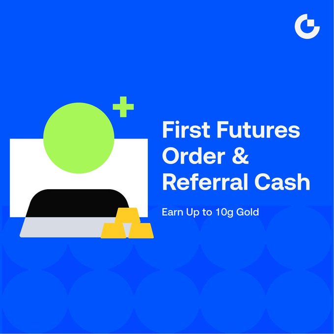Promotional graphic with a blue background featuring a laptop and gold bars, advertising a "First Futures Order & Referral Cash" bonus where users can "Earn Up to 10Mg Gold," complementing the post about trading futures and winning gold rewards.