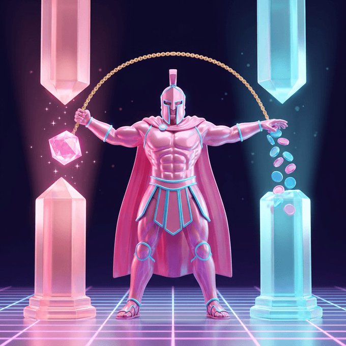 The image features a muscular man dressed in pink armor standing next to two crystal spheres with chains attached to them. He holds a crystal ball in his hand while wearing a chain around his neck, which appears to be a symbol of power or authority. The background is dark and filled with neon lights that create an otherworldly atmosphere.

The post discusses the concept of CandyLend, where users can borrow money against their cryptocurrency assets like Bitcoin (BTC) or Ether (ETH). Users need to offer collateral in the form of cryptocurrency, such as BTC or ETH, which acts as security for the lender. The borrower receives the requested amount and must pay interest on top of that. If they fail to make timely payments, the lender can take possession of their assets to recover the money lent.

The post also mentions a specific angle related to the concept of CandyLend: "focus on what is in the image and how it relates to the post". This suggests that the image should be closely inspected for any relevant information or context about the CandyLend service, such as the collateral required, interest rates, or other important details.
