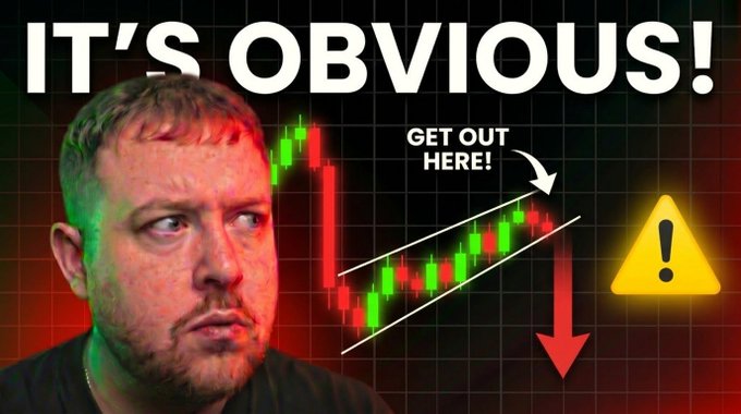 A YouTube thumbnail shows a man looking sideways with the text "IT'S OBVIOUS!" and "GET OUT HERE!" pointing to a Bitcoin candlestick chart featuring a rising wedge pattern followed by a sharp red downward arrow and warning sign, suggesting a bearish price prediction tied to the post's urgent call to "PREPARE NOW."