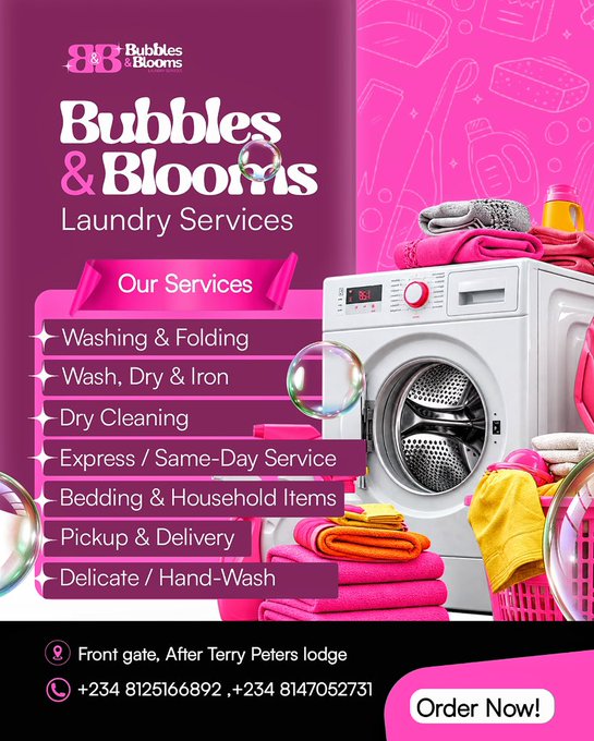 The image is a vibrant pink promotional flyer for "Bubbles & Blooms Laundry Services," listing offerings such as Washing & Folding, Dry Cleaning, Express Service, and Pickup & Delivery, with contact numbers +234 8125166892 and +234 8147052731, plus an "Order Now!" button. It ties to the post by symbolizing the founder's first "IRL web2 business" launch made possible through WEB3 earnings, visually celebrating the tangible, offline venture born from crypto-funded support.