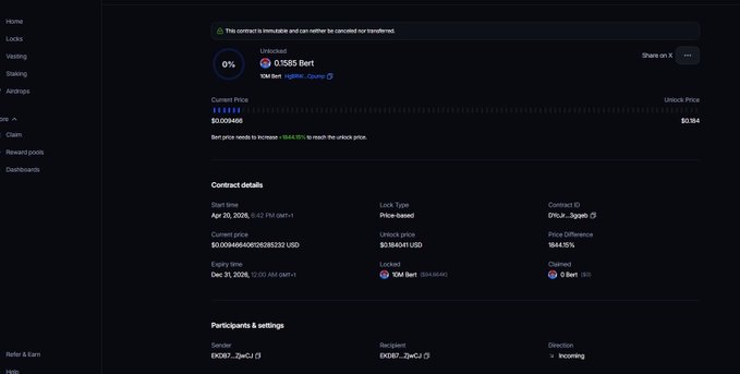 A screen capture of an immutable token contract transaction page showing a 0% unlocked token contract for "0:1585 Bert" by idatoken.eth with an expiry of Dec 31, 2026.