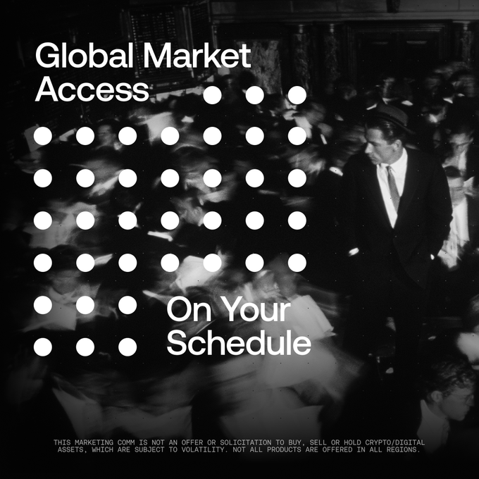 A vintage black-and-white image shows a blurred crowd in what appears to be a busy trading floor, overlaid with bold white text reading "Global Market Access" and "On Your Schedule," along with a grid of dots and a small disclaimer noting the communication is not an offer to buy crypto/digital assets. The post's message about OKX unifying global markets into one order book across time zones complements the image's theme of worldwide, around-the-clock trading access.