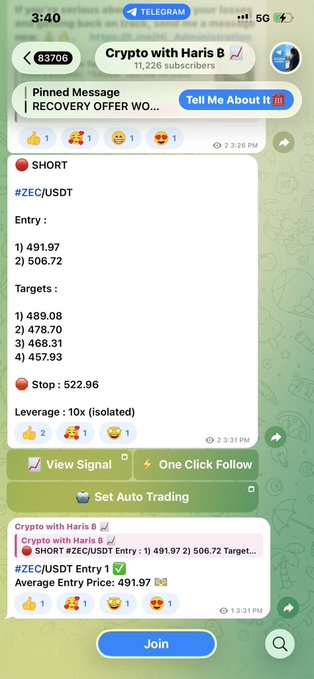 A Telegram channel screenshot titled "Crypto with Haris B" showing a trading signal for #ZEC/USDT with entry points at 491.97 and 506.72, targets ranging from 489.08 to 457.93, and a stop at 522.96 with 10x isolated leverage.