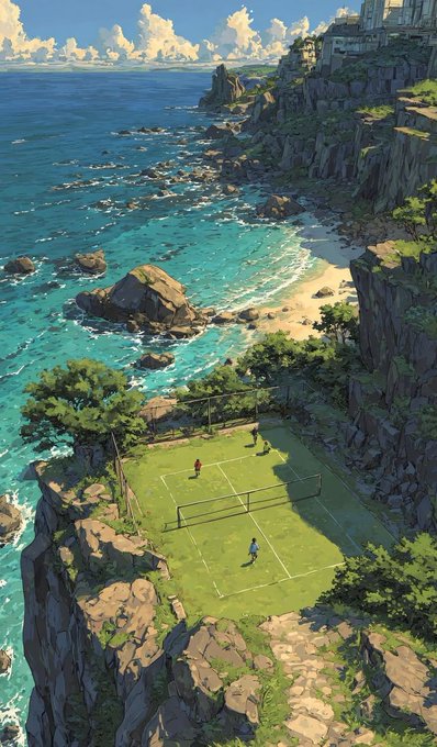 An illustrated scenic view shows a tennis court perched on a rocky cliff overlooking a turquoise ocean and coastline.
