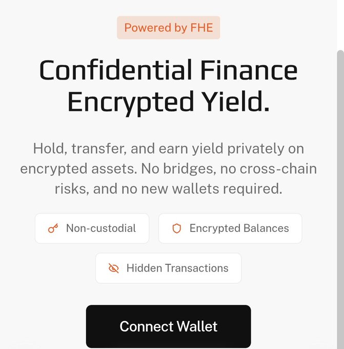A promotional graphic for Primus Labs' "Confidential Finance Encrypted Yield" product, showing it's "Powered by FHE" and highlighting features like Non-custodial, Encrypted Balances, and Hidden Transactions, with a "Connect Wallet" button. The image illustrates the simple yield-earning process described in the post, where users can shield USDT into eUSDT and deposit it into private vaults for encrypted yield.