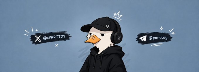 An illustration of a duck wearing a black cap and headphones, flanked by social media handles '@XPARTTOY' and '@parttoy'.