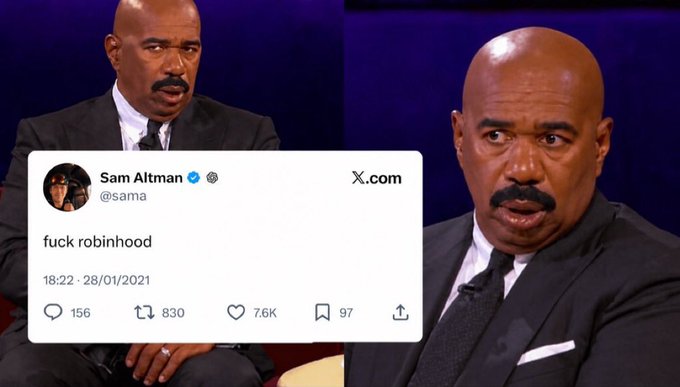 A meme image featuring Steve Harvey with a confused expression on both sides, with a tweet from Sam Altman (@sama) overlaid in the center reading "fuck robinhood" posted on 28/01/2021.