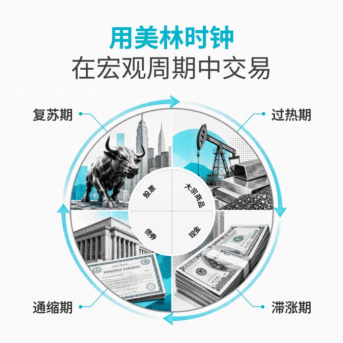 The image is a Chinese-language infographic illustrating the Merrill Lynch Investment Clock, a model that maps asset class performance across four macroeconomic phases. The cycle is divided into quadrants labeled 复苏期 (Recovery, featuring a bull statue and stock buildings), 过热期 (Overheating, with an oil pump and gold bars), 滞涨期 (Stagflation, showing cash/money), and 通缩期 (Reflation/Contraction, with bonds and a bank). The central wheel recommends 股票 (stocks) in recovery, 大宗商品 (commodities) in overheating, 黄金 (gold) in stagflation, and 现金 (cash) in contraction, supporting the post's message about rotating investments by macro cycle phase.