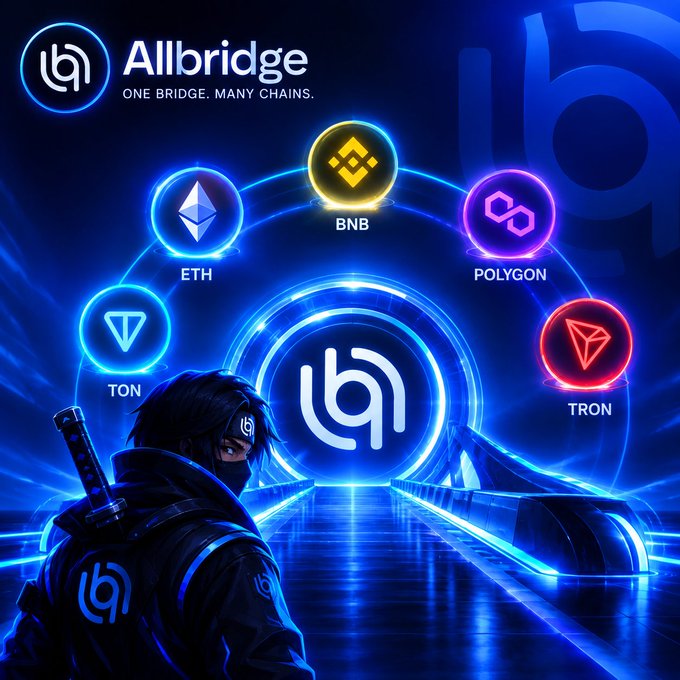 The image shows the Allbridge ("ONE BRIDGE. MANY CHAINS.") logo featured prominently within a glowing portal, surrounded by connected blockchain network icons labeled ETH, BNB, POLYGON, TON, and TRON, with an anime warrior figure standing before a futuristic neon bridge—symbolizing the cross-chain liquidity connections that enable large USDT transfers with minimal slippage through natural pool rebalancing and arbitrage-driven pricing adjustments.
