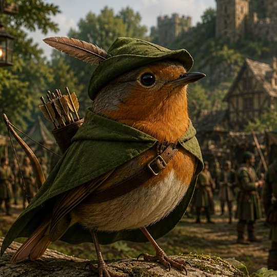 A digital illustration of a small European Robin dressed as Robin Hood, wearing a green feathered cap and cape, with a quiver of arrows on its back, set against a medieval village backdrop with a castle.