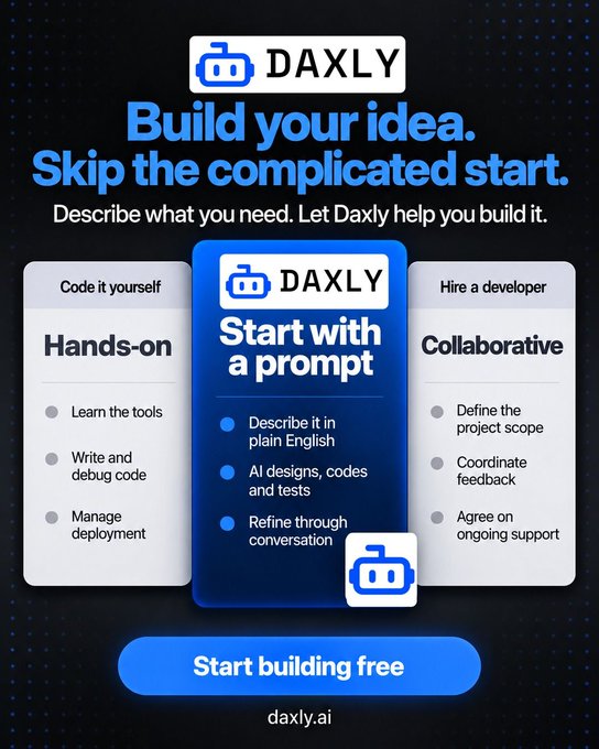 An advertisement for Daxly (daxly.ai) with the tagline 'Build your idea. Skip the complicated start,' comparing options to code it yourself, start with a prompt, or hire a developer.