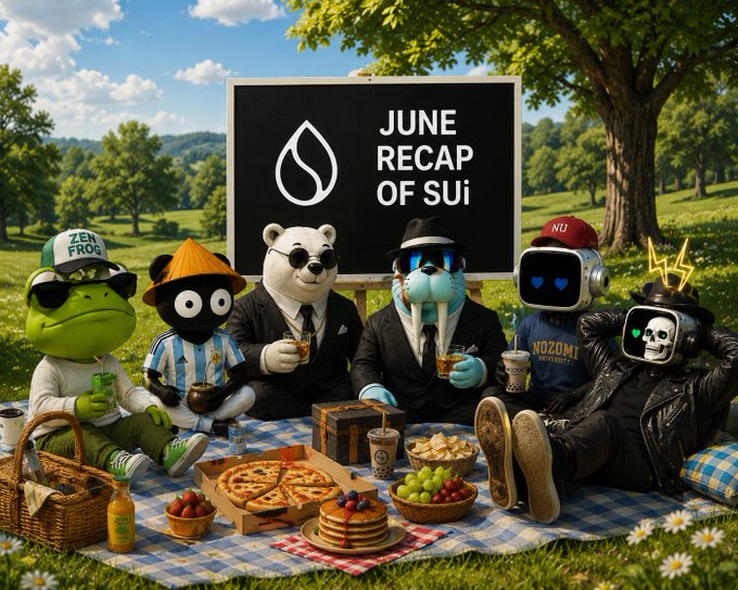 A whimsical picnic scene features a group of quirky mascot characters—including a frog, bear in sunglasses, monkey, walrus, robot, and a goth skeleton—gathered around a checkered blanket with pizza, pancakes, and fruit, in front of a blackboard reading "JUNE RECAP OF SUI." The image playfully illustrates the recap's key highlights: Sui's token distribution, price stability at $0.87, and post-mortem updates on network performance.