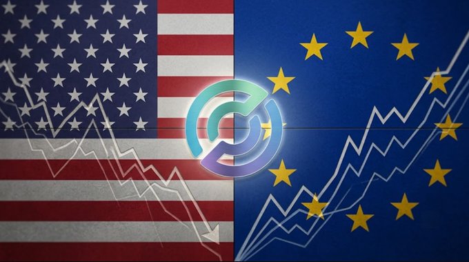 A graphic split between the US flag and the EU flag, featuring descending and ascending line charts with a circular logo in the center, suggesting economic or market trends.