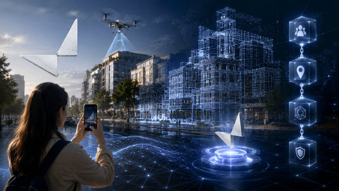A person uses a smartphone to capture a 3D scan of a building with the VanGrid app, as a drone assists overhead and holographic data visualizations float in the air, illustrating how everyday smartphone captures are combined to build detailed, blockchain-backed spatial models of the real world.