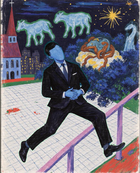 A surreal painting depicting a faceless man in a black suit stepping over a railing at night, with ghostly blue goats in the starry sky, a church, city buildings, and a snake-like creature in the bushes.