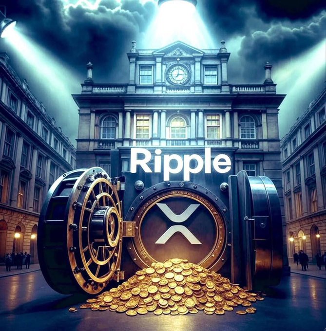A digital artwork featuring a large bank vault labeled 'Ripple' with its XRP logo, open to reveal a pile of gold coins, set against a grand building at night.
